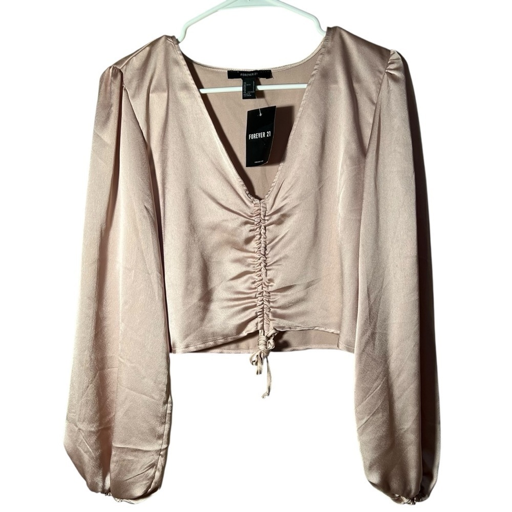 Forever 21 Women's Size Large Satin Crop Top Cinched Front V-Neck Light Pink